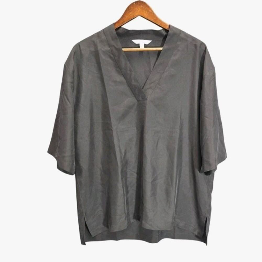 Garnet Hill Women's Black 100% Silk V-Neck Tunic Blouse Medium Luxury Lagenlook
